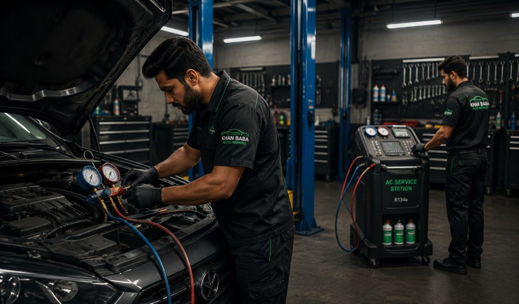 Automotive air conditioning system repair and recharge at Khan Baba Auto Repairs