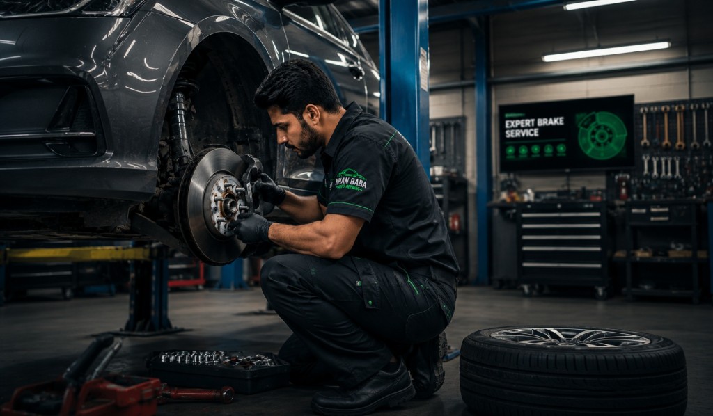 Mechanic inspecting brake pads and rotors during expert brake service