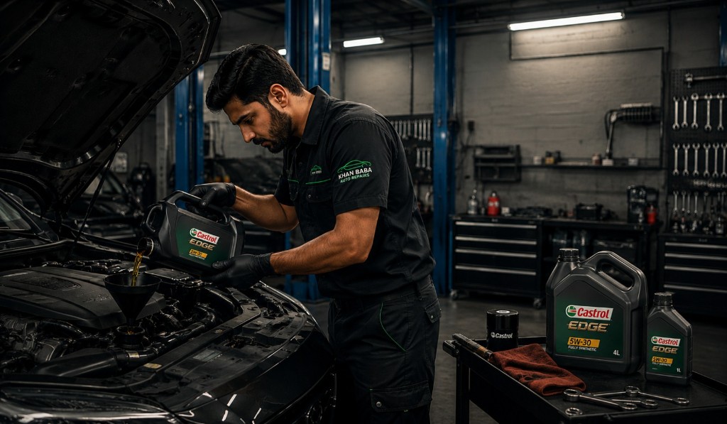 Professional oil change service in a clean auto repair bay