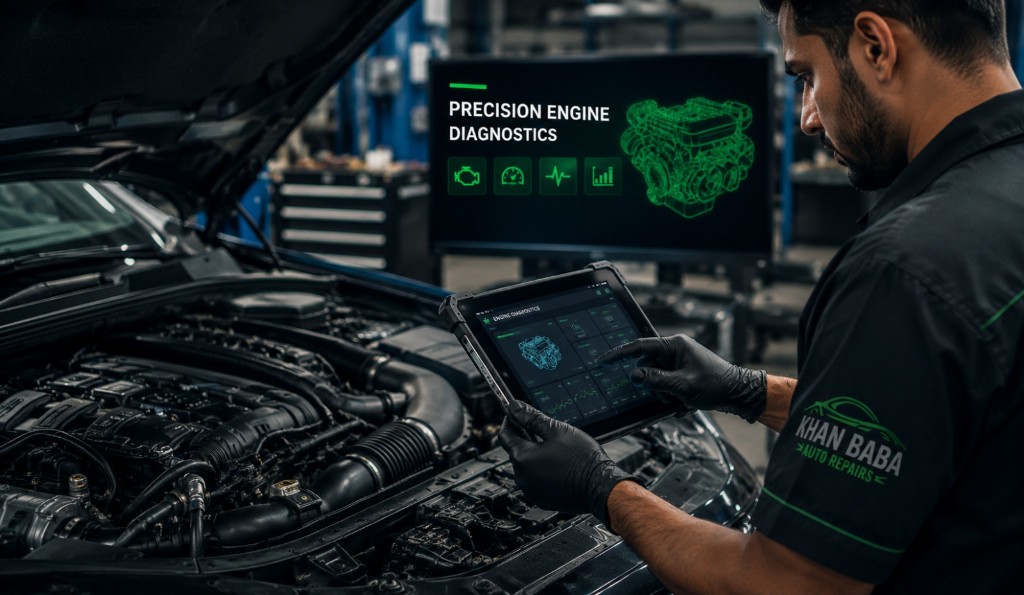 Technician performing precision engine diagnostics with advanced scan tools at Khan Baba Auto Repairs