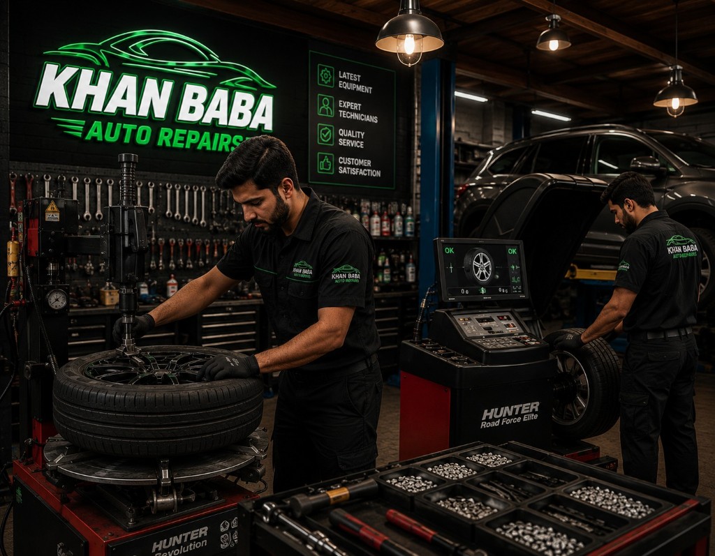 Technicians using Hunter tire mounting and balancing equipment