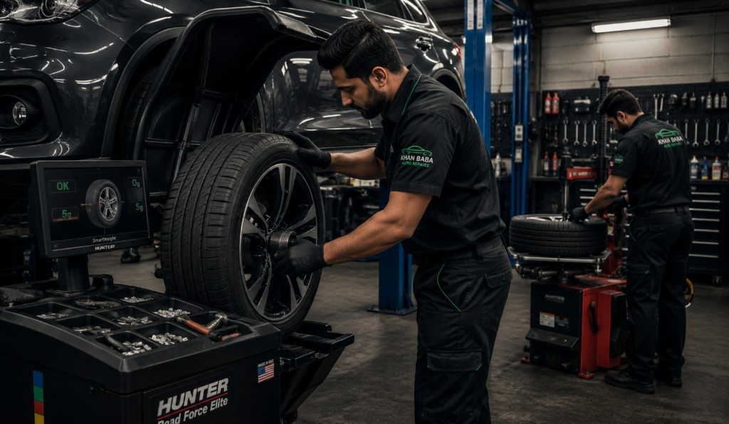 Wheel alignment service with professional Hunter equipment